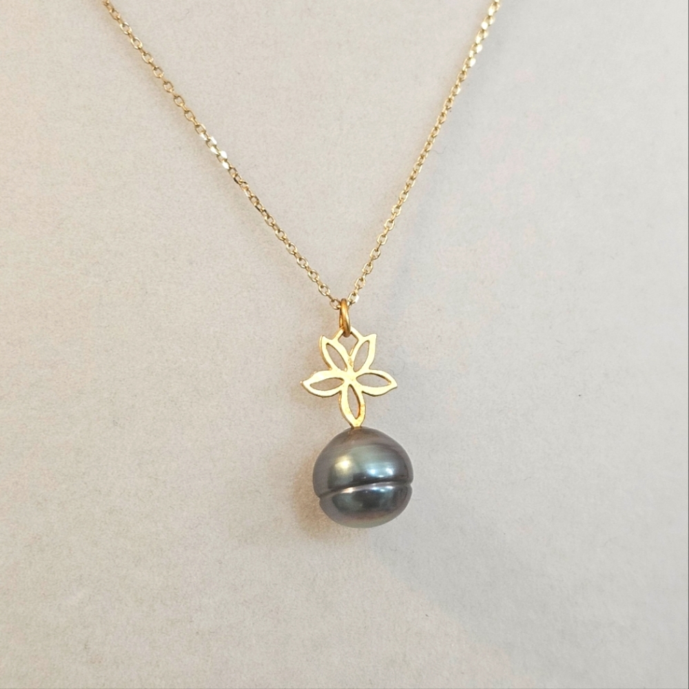 Tahitian Pearl 925 Gold Vermeil Flower Necklace 16"-20" Sterling Silver